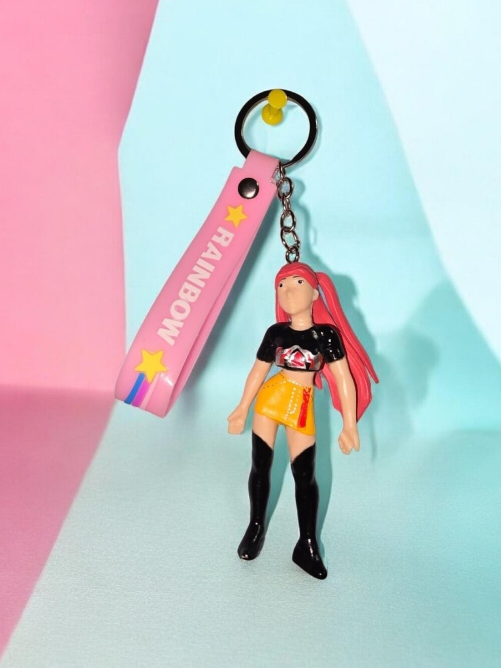 Pink 'Rainbow' Silicone Strap Keychain with Red-Haired Doll Charm